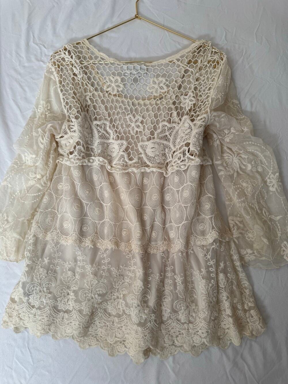 Dressbarn Boho Lace Crochet Bell Sleeve Peasant Blouse Tunic Cream Ivory large
